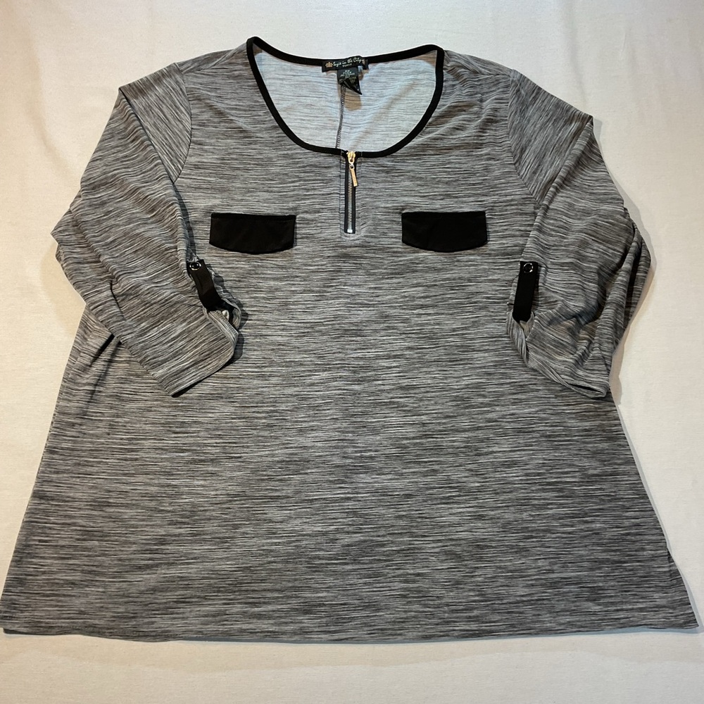 Suzie in the City Womens Heathered Gray/Black 1/4 Zip Pullover Shirt Size 2X